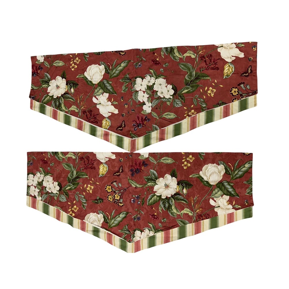 VTG Williamsburg Window Valance Red Floral Stripe Cotton M-Shaped Topper 2pc